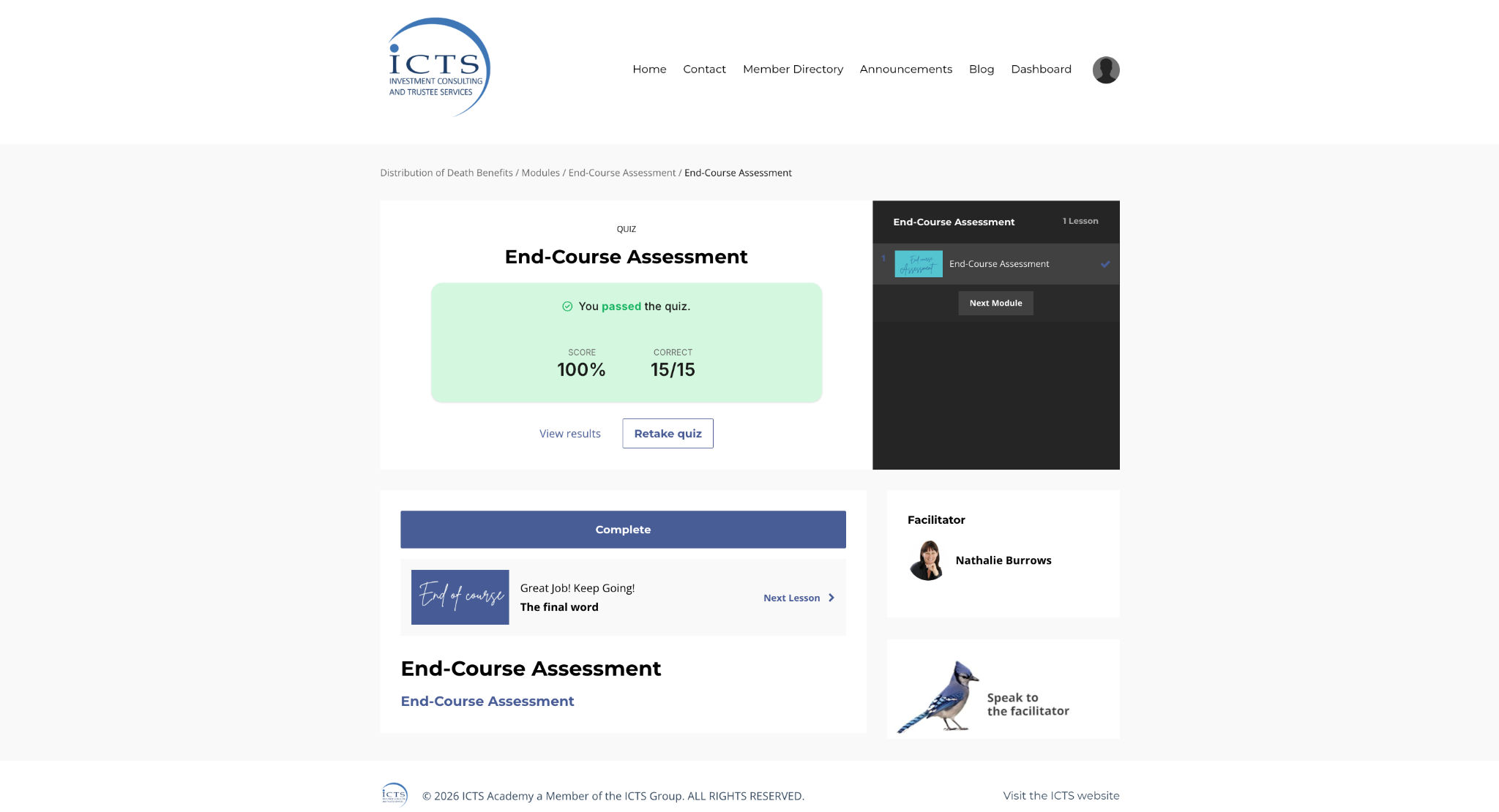 ICTS Academy end course assessment and quiz result screen