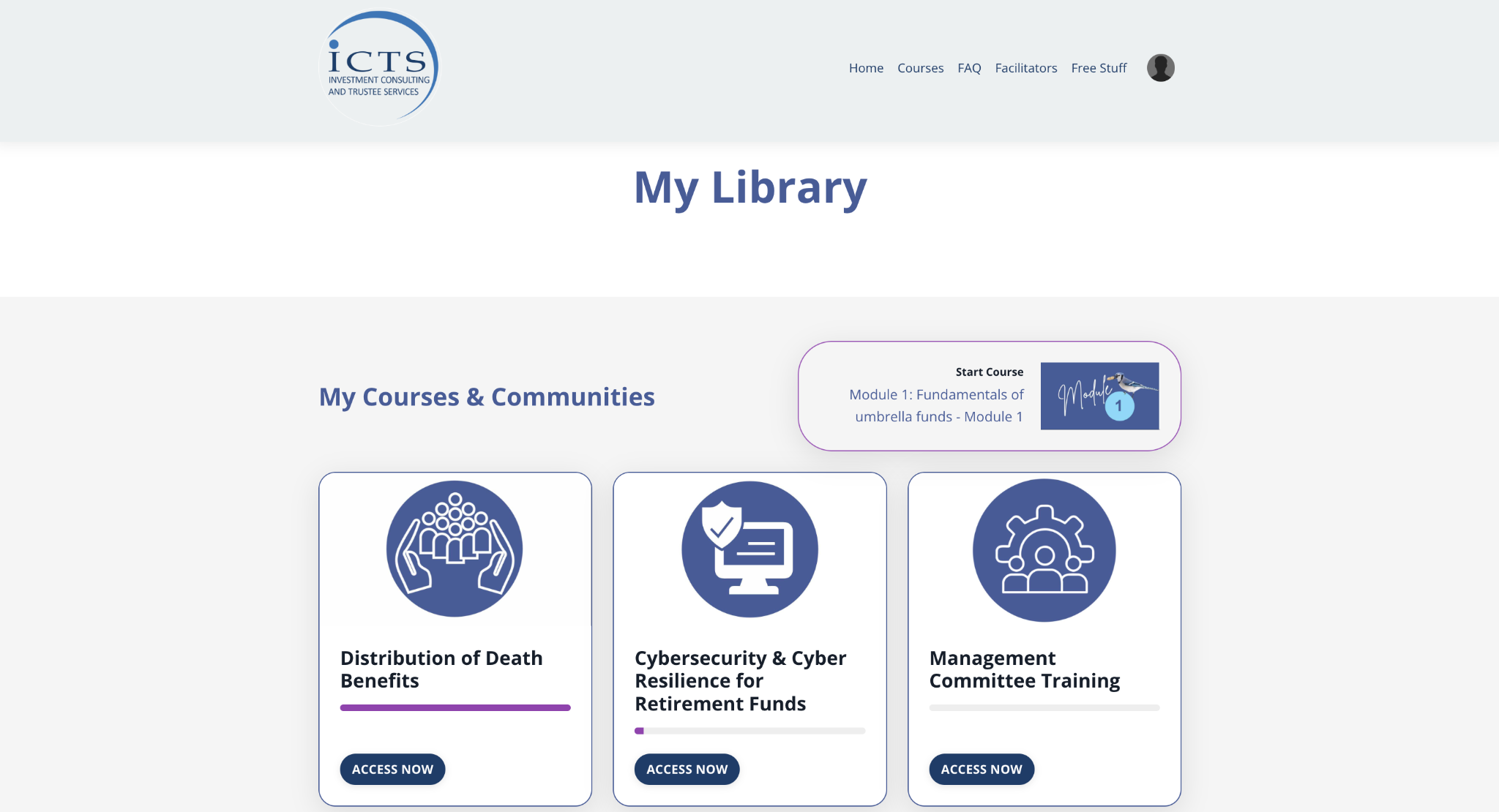 ICTS Academy learner library with course cards and progress indicators